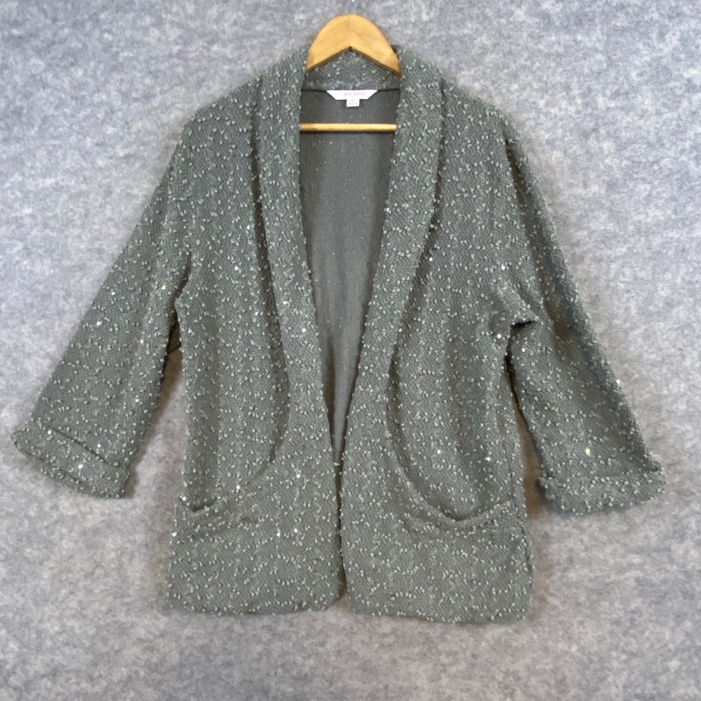 Erin London Size XL Greenish-Gray Blingy Open Front Cardigan 3/4 Sleeves Pockets